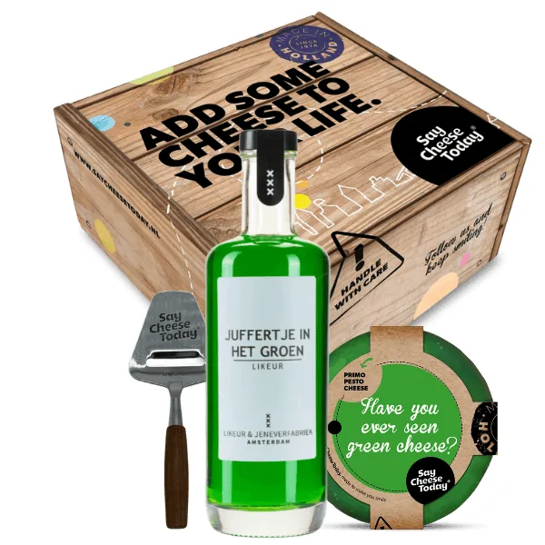 Juffertje in het groen & Pesto kaas | Likeur Cadeau van SayCheeseToday